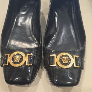 Versace Black Patent Leather Loafers with Gold Medusa Accent
